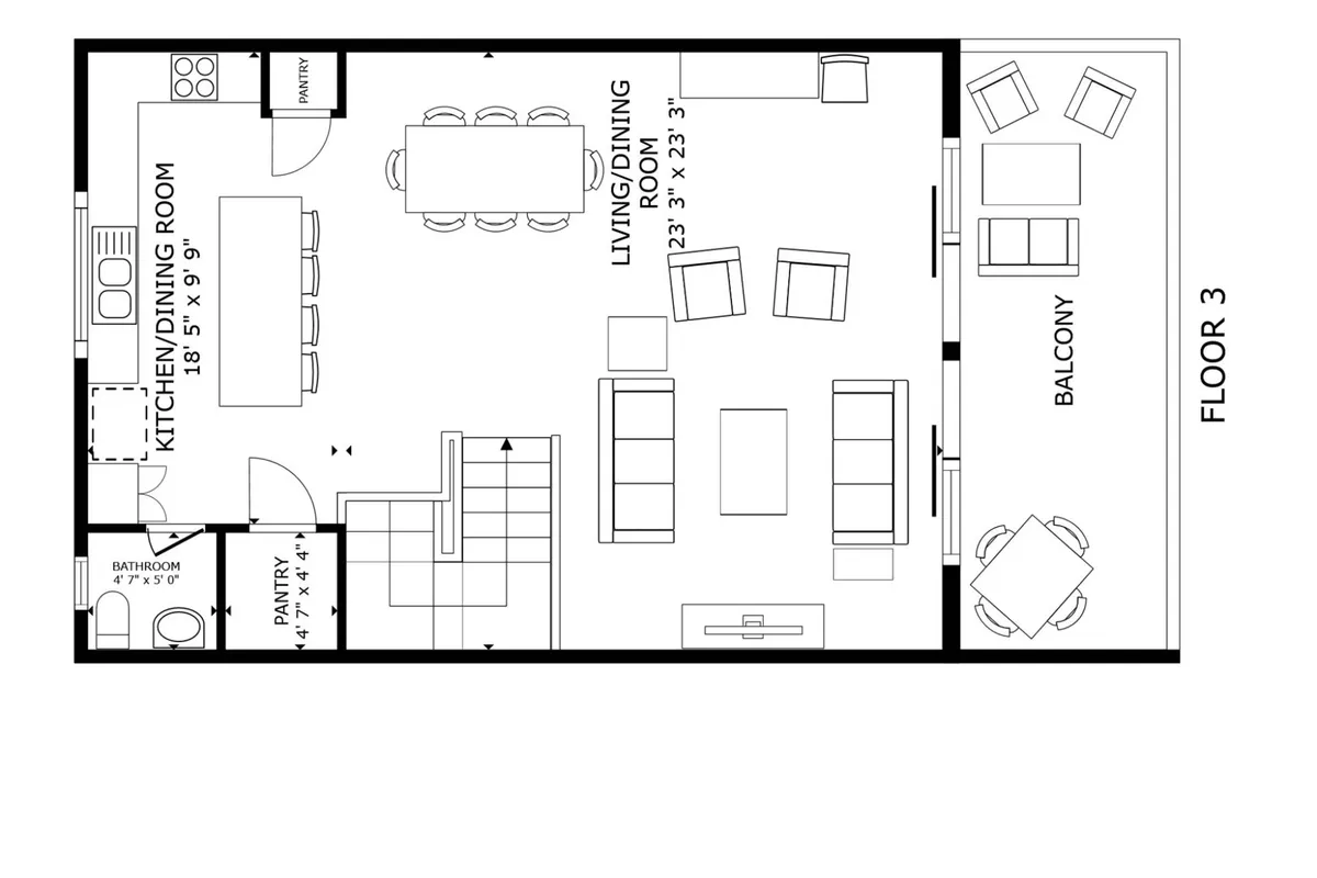 A panoramic view that ties together the kitchen island, dining table, living room seating, and access to a balcony. The space is filled with natural light, featuring modern coastal décor and showcasing the open layout.
