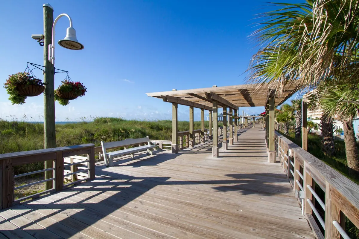 A wooden boardwalk lined with hanging flower baskets and palm trees beneath an overhead pergola. The path invites leisurely walks and offers glimpses of the neighborhood’s lush landscaping and serene atmosphere.